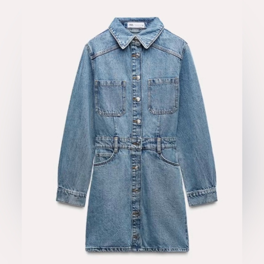 Zara Light Blue Denim Button-Front Dress